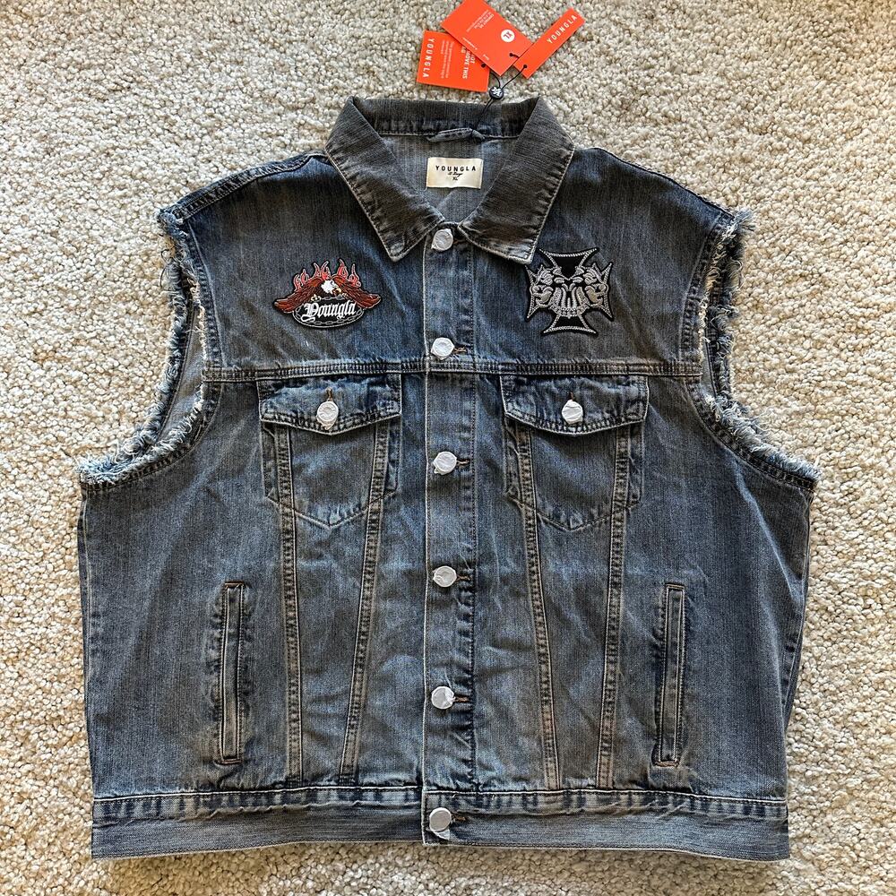 Men's YoungLA 5192 - Cars & Curls - Denim Vest, XL, NWT, BlueWash - Picture 2 of 10